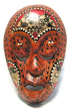 Asian painting art - assorted color  mask with assorted painted on forehead and chin, eyes and mouth half opened 