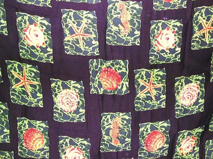 Batik sarong,summer dress - Black Batik rayon sarong with multi sea creature (sea star,  sea shell etc.) on green rock pattern design 