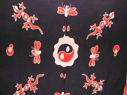 wholesale beach fashion sarong -Natural black Batik sarong wrap with a fired Yin Yang pattern at center surrounded by orange color geckos and butterfly design