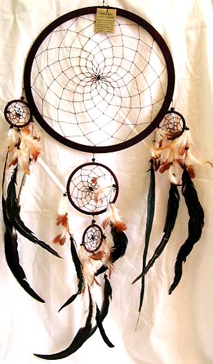 wholesale north american native art dream catchers and dreamcatcher, dream web with feather - Top large circle with 4 mini circles feather dream catcher, brown color 