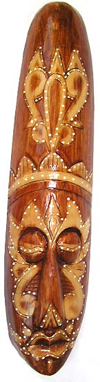 Long Lombok gecko top wooden mask with yellow decor on face 