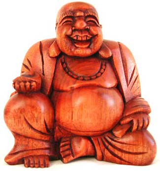 Sitting happy buddha statue made of tropical wood