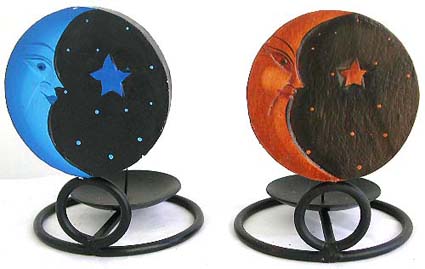 Iron candle holder with rounded sun moon star design, tan or blue color randomly pick