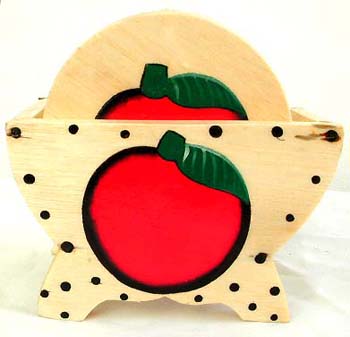 Assorted pattern decor rounded wooden cup coaster with holder