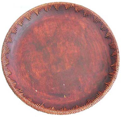 Coconut wood brown round plate set with rattan sewing edge, set of 3 pieces