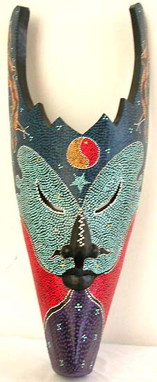 Multi color painting wooden mask with fire edge top and Yin Yang pattern decor on forehead