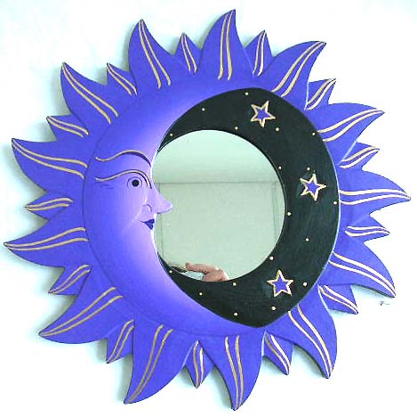 wholesale products and mirrors handmade by Balinese artist, blue moon star on black sky wooden mirror with comet edge