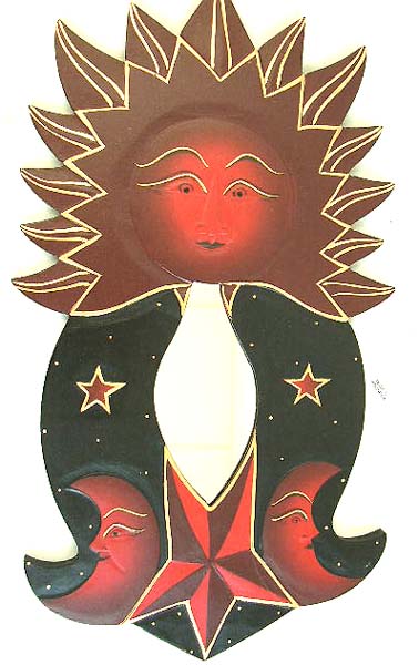 Wooden long mirror, purple sun top double moon star bottom and a purple mini star on black moon on each side