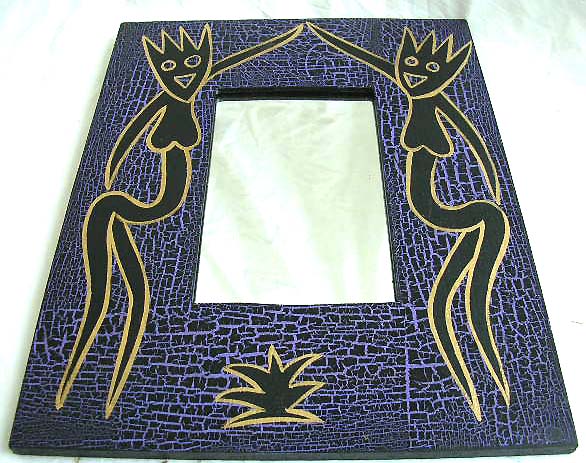 Blue crack rectangular wooden mirror with 2 holding hands black tribal lady figure decor
