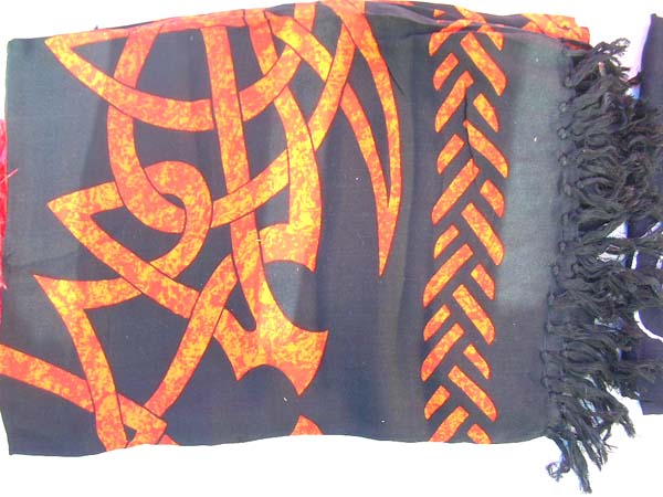Urban wear sarong in fire orange Celtic knot design with braided border from import manufacturer store