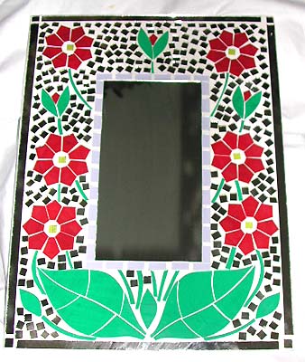flower online, online flower mirrors wholesaler, online flower designs craft wholesale and online flower giftware supply lotus flower pictures-lotus flower mirrors, flower rings, wooden carved flowers -wholesale distributor and direct importer native American, native American art,red lotus flower and green lotus flower leaf on glass mosaic handcrafted mirror wholesale native American tribal craft,