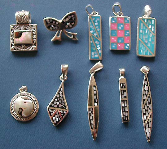 Bali direct import pendant wholesale, assorted carved pattern seashell inlay pendant in 925. sterling silver setting