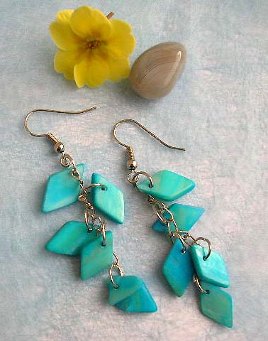 wholesale fashion earrings, fashion fish hook earring with multi diamond shape blue seashell dangle design