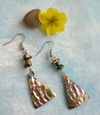 Fashion earring with double mini blue sand stone holding a triangular abalone seashell on bottom