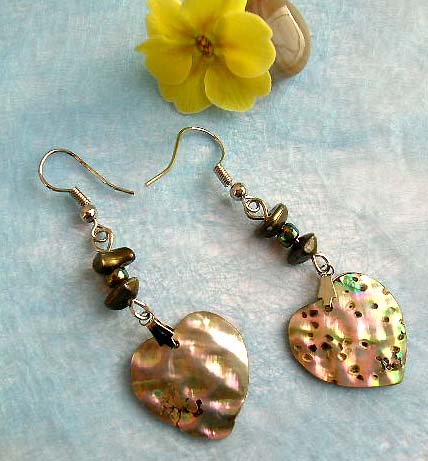 Fashion earring with double mini blue sand stones holding a heart love abalone seashell on bottom