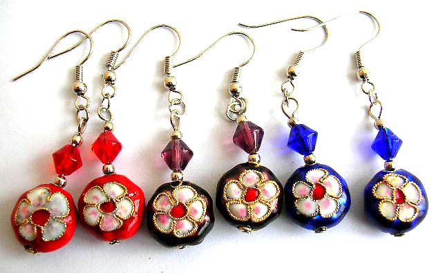 Fashion fish hook earring holding a diamond shape bead and a flower decor rounded handmade enamel cloisonne bead