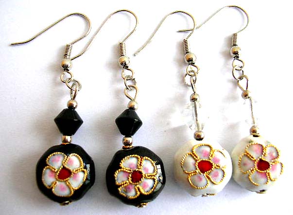 Fashion fish hook earring holding a diamond shape bead and a flower decor rounded handmade enamel cloisonne bead
