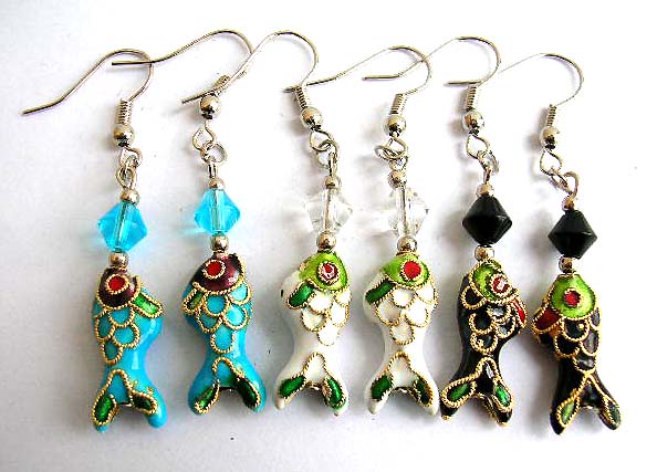 Fashion fish hook earring holding a diamond shape bead and a handmade enamel cloisonne fish bead