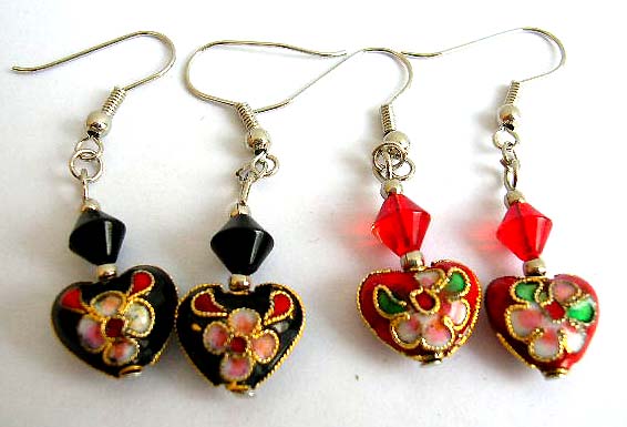wholesale heart jewelry and handcrafted cloisonne enamled heart shape love earring with rhinestone beads