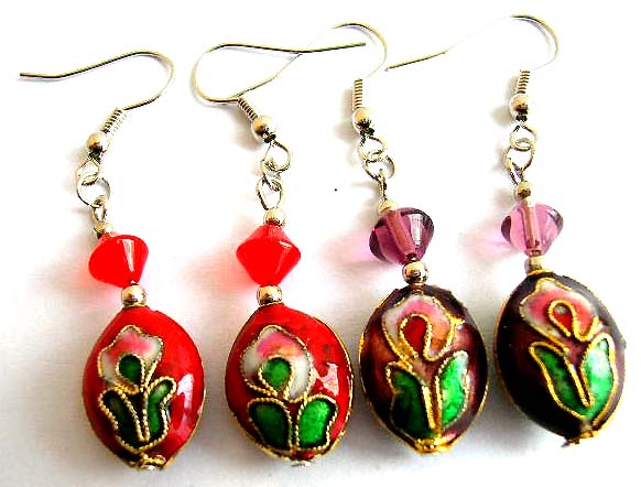 Fashion earring with fish hook back holding a diamond shape bead and a flower pattern decor handmade enamel cloisonne olive shape bead