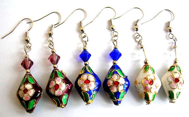 Fashion earring with fish hook back holding a diamond shape bead and a flower pattern decor long diamond shape handmade enamel cloisonne bead