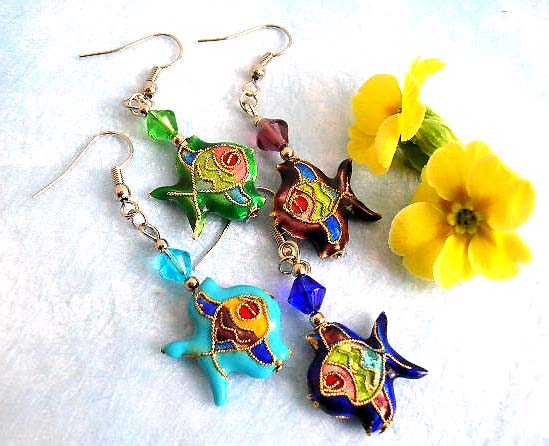 Fashion earring with fish hook back holding a diamond shape bead and handmade enamel cloisonne tropical fish bead