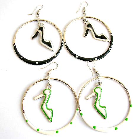 Fashion earring with color painted, lady's high-heel shoe in circle pattern design