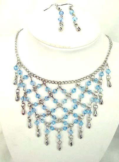 Fashion necklace and earring set, chain necklace with multi blue rhinestone embedded web shape dangle pendant at center, beaded fish hook earring for match up