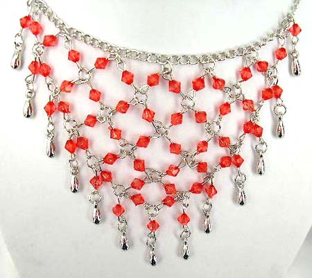 Fashion necklace and earring set, chain necklace with multi reddish rhinestone embedded web shape dangle pendant at center, beaded fish hook earring for match up  