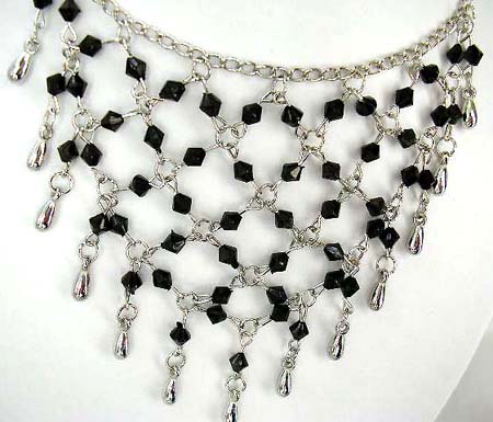 Fashion necklace and earring set, chain necklace with multi black rhinestone embedded web shape dangle pendant at center, beaded fish hook earring for match up    