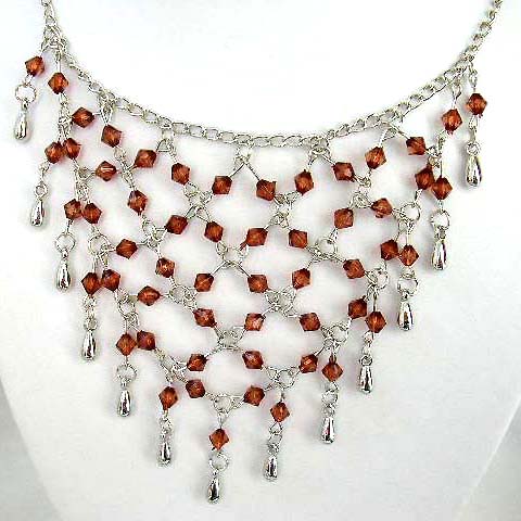 Fashion necklace and earring set, chain necklace with multi brown rhinestone embedded web shape dangle pendant at center, beaded fish hook earring for match up     